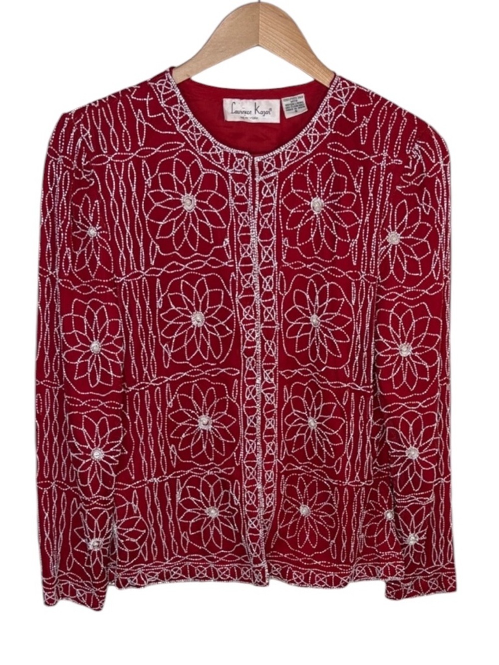 Vintage Laurence Kazar Floral Beaded Red Silk Jacket Women Size S BLEMISH